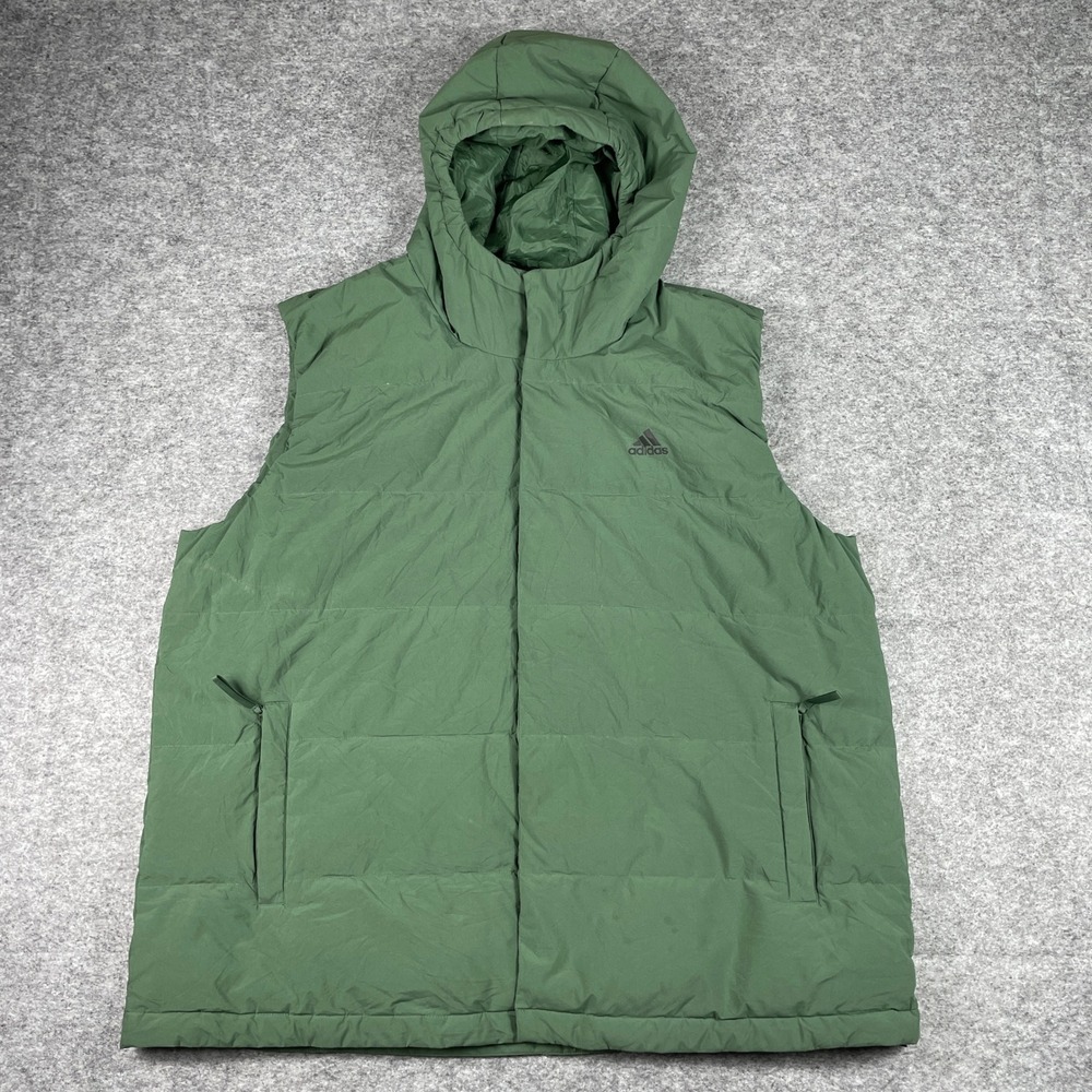 Adidas Puffer Vest Mens 2XL Green Hooded Down Quilted Full Zip Outerwear